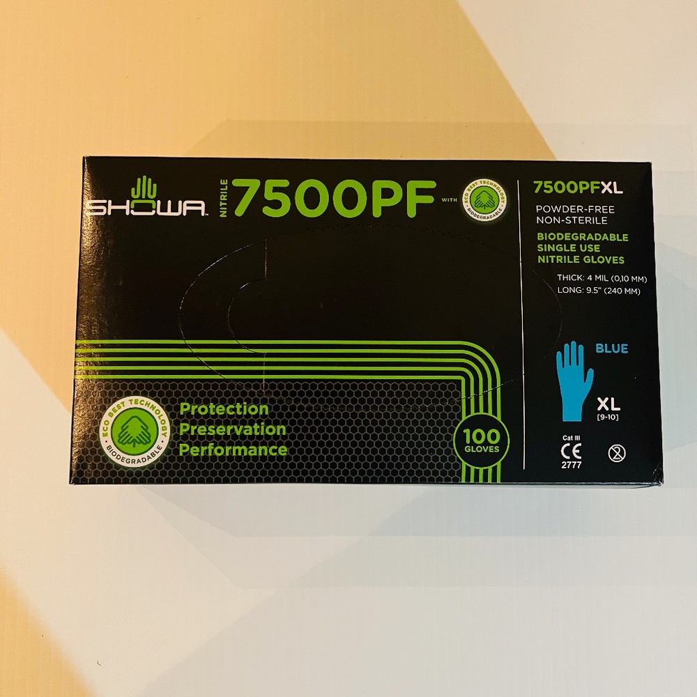 Showa 7500PF XL (9-10) Biodegradable PF 4 Mil Blue Nitrile Gloves Box 100